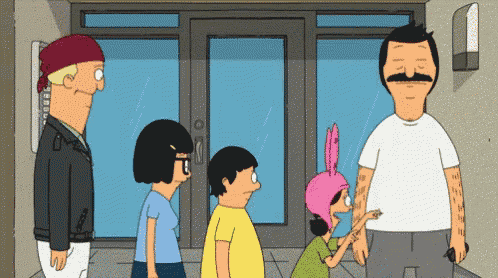a group of cartoon characters standing in front of a building