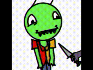 a cartoon of a green alien holding a knife .