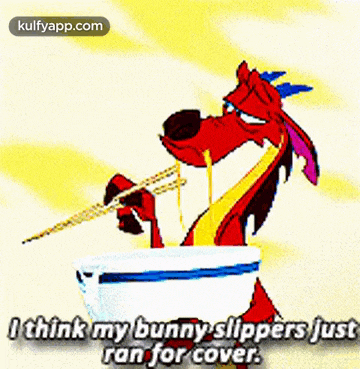 a cartoon of a dragon eating noodles with chopsticks and saying i think my bunny slippers just ran for cover
