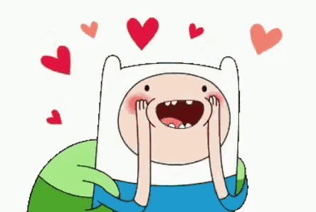 finn from adventure time is surrounded by hearts and making a face .