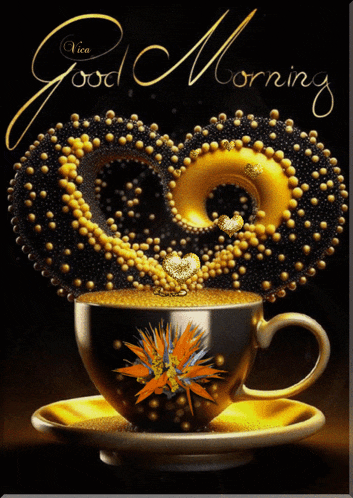 a cup of coffee on a saucer with the words good morning written above it