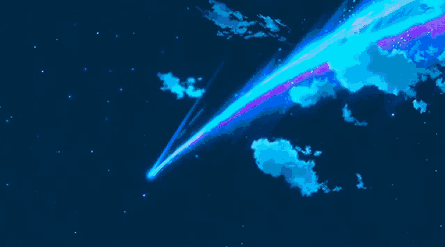 a comet is flying through the night sky with a rainbow coming out of it