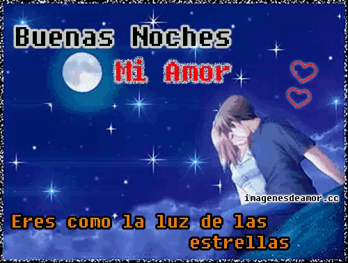 a couple kissing in front of a full moon with the words buenas noches mi amor on the bottom
