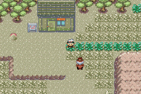a video game scene with a man standing in front of a building that says ' lab ' on it .