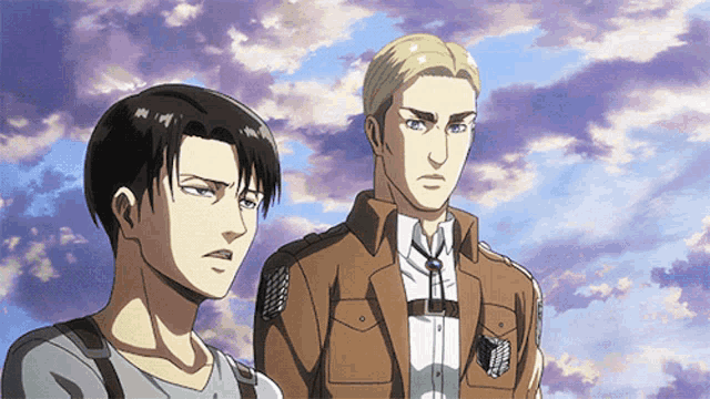 two anime characters are standing next to each other with a blue sky in the background