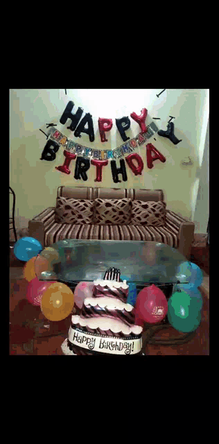 a happy birthday banner hangs above a cake
