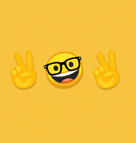 a smiley face with glasses and two hands giving a peace sign