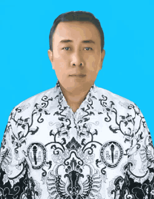 a man in a white shirt with a black and white pattern