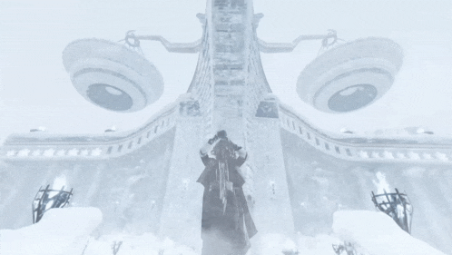 a man holding a sword stands in front of a large building