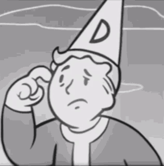 a black and white drawing of vault boy wearing a hat with the letter d on it