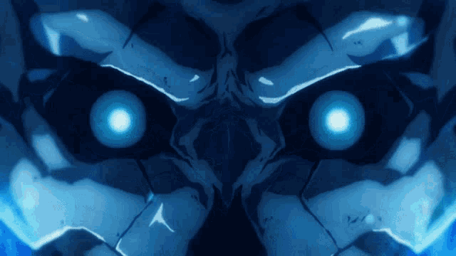a close up of a person 's face with glowing blue eyes