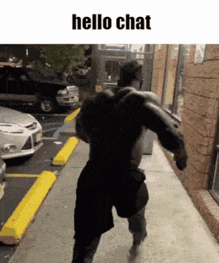 a muscular man is running down a sidewalk with the words hello chat on the bottom