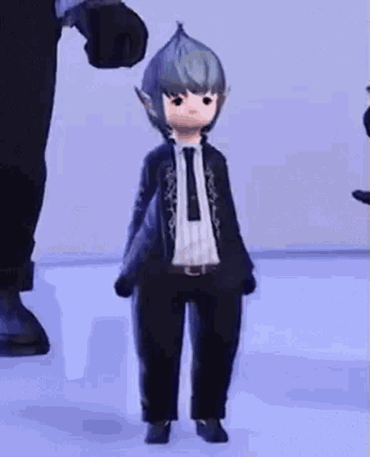 a little boy with blue hair is dancing in a video game .