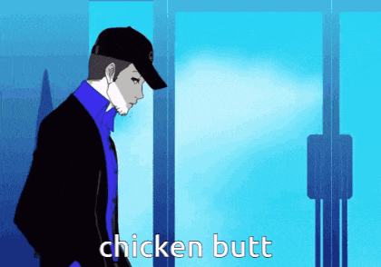 a cartoon of a man standing in front of a door that says chicken butt on it