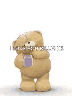 a teddy bear is standing in front of a blue heart and says `` i love you billions '' .