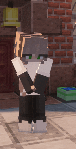 a minecraft character is standing in front of a brick building