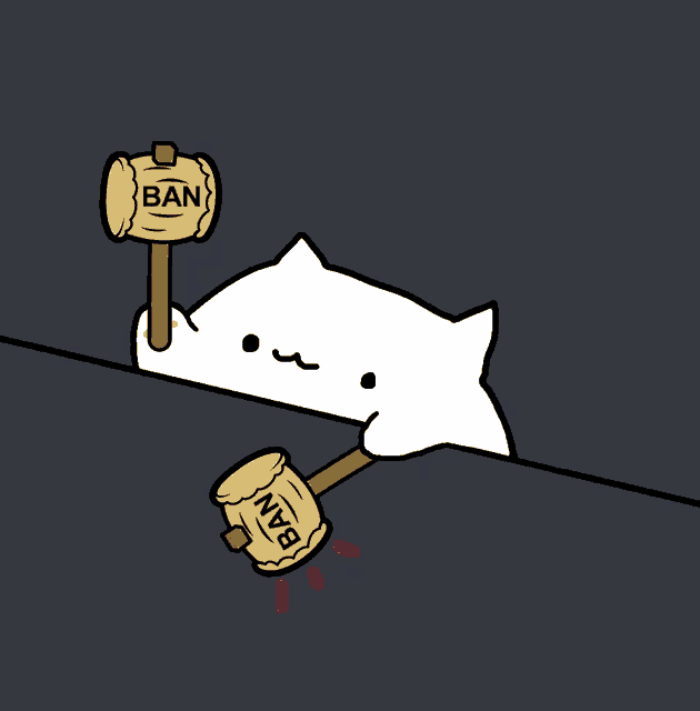a white cat is holding a hammer that says ban