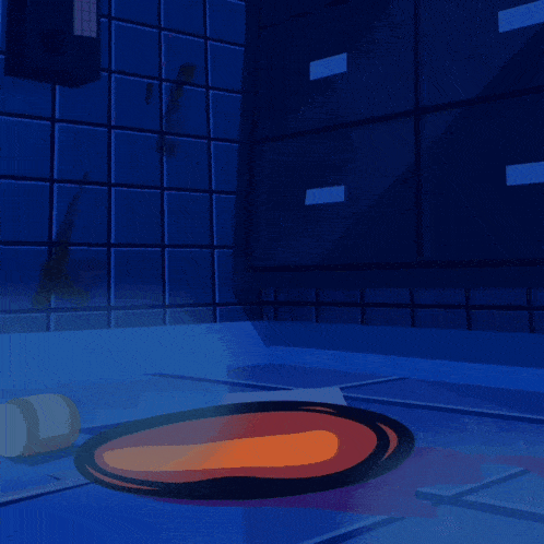 a cartoon drawing of a room with blue tiles and a hat on the floor