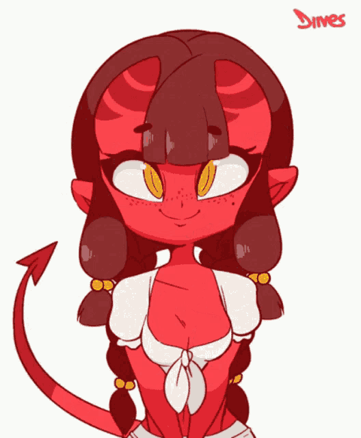 a cartoon drawing of a red demon girl making a face with her hands