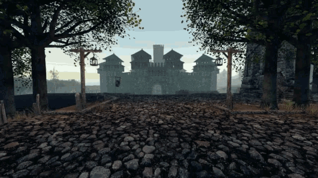 a castle is surrounded by trees and has a sign that says ' castle ' on it