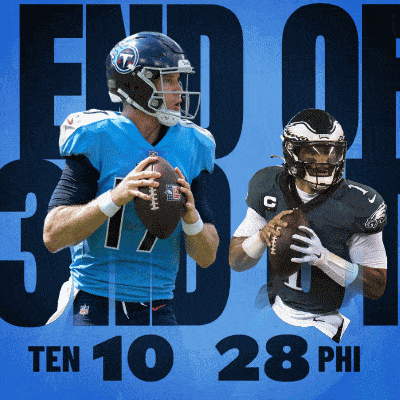 two football players on a blue background with the words end of ten 10 28 phi below them