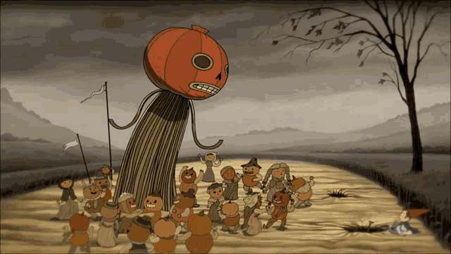 a group of pumpkins are gathered around a large pumpkin with a face