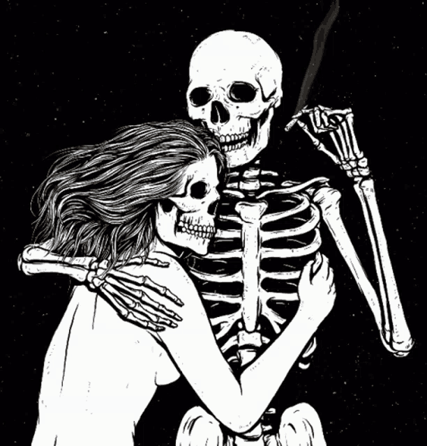 a black and white drawing of a naked woman hugging a skeleton .