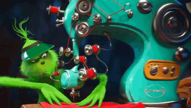 a green cartoon character is using a sewing machine with the word singer on it