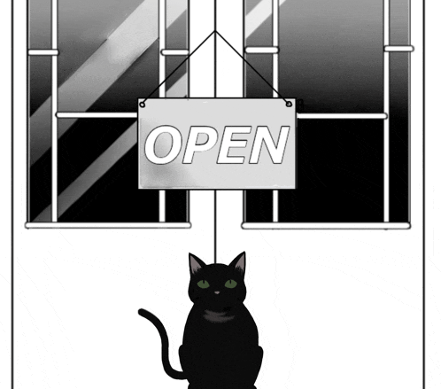 a black cat sits in front of an open sign on a door