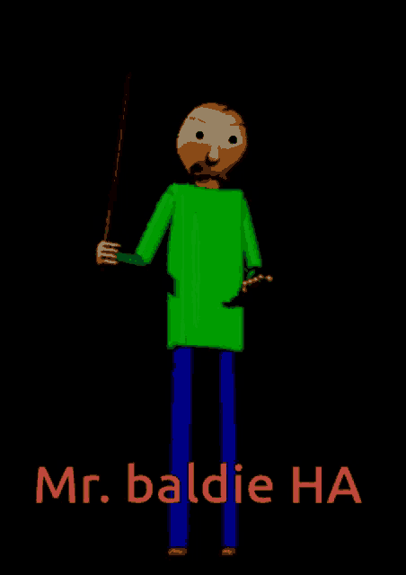 a cartoon character with the name mr. baldie ha on the bottom right