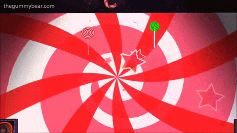 a red and white swirl with the website thegummybear.com at the bottom
