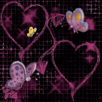 three butterflies are flying around pink hearts on a grid background