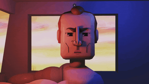 a cartoon drawing of a man giving the middle finger with a x on his head