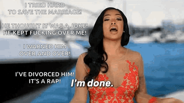 a woman in a red dress says i tried hard to save the marriage he thought it was a joke he kept fucking over me