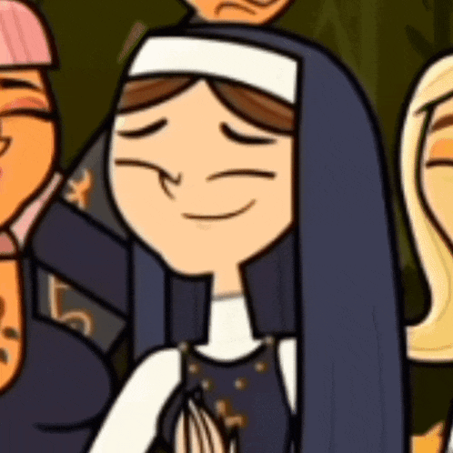 a cartoon nun is smiling with her eyes closed and her hands folded .