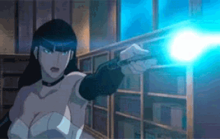 a woman in a white dress is holding a lightning bolt in a room .