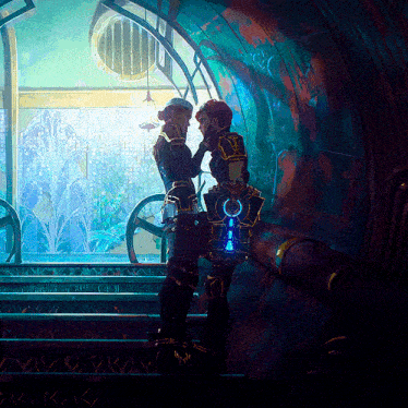 a man and a woman are standing next to each other in a room with a window and stairs