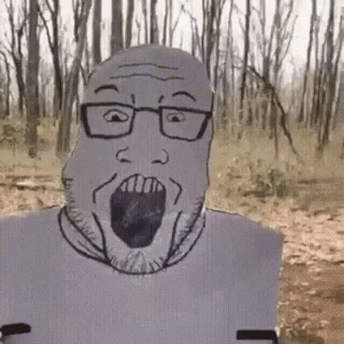 a drawing of a man with glasses and a beard standing in the woods with his mouth open .