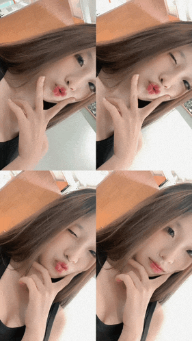 a collage of four photos of a woman with her hand on her face