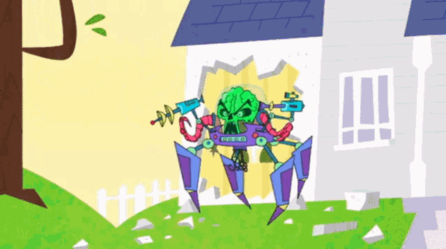 a cartoon drawing of a robot with a gun that says " destroy "
