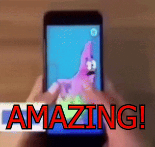 a person is holding a cell phone with a picture of patrick star on the screen and the words amazing below it