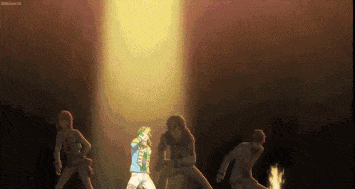 a group of anime characters are dancing in front of a bright light