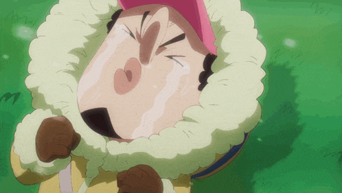 a cartoon character wearing a pink hat and a fur coat is crying