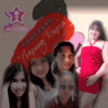 a group of people are standing in front of a sign that says founders tropang rapsa
