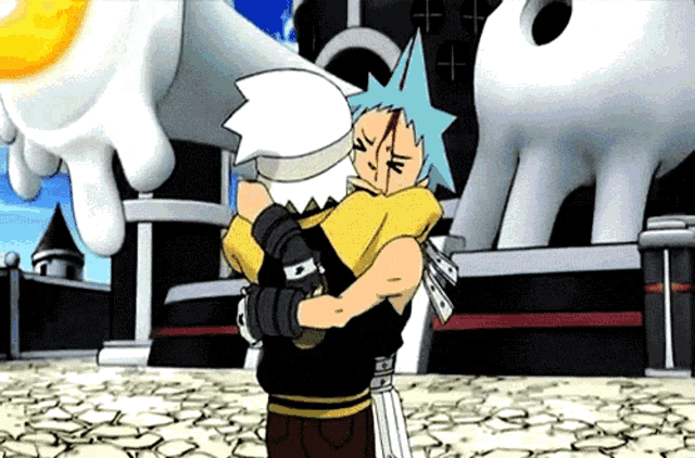 a couple of anime characters hugging each other in front of a building