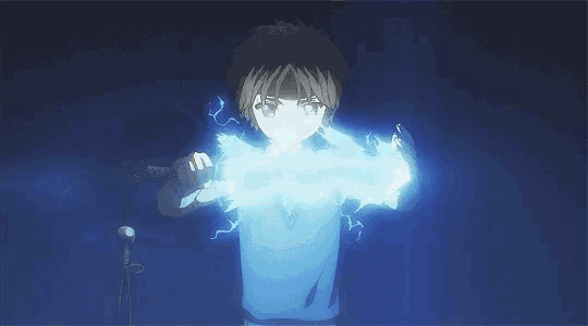 a person is holding a sword in their hand and the sword is glowing blue