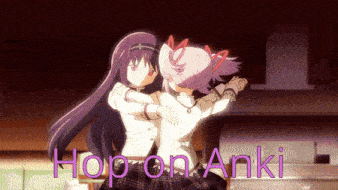 two anime girls hugging each other with the words hop on anki below them