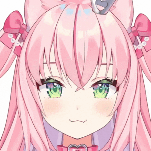 a girl with pink hair and green eyes is making a face