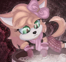 a cartoon fox with a pink bow on her head is sitting in a bowl of food .