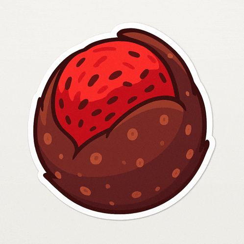a sticker of a chocolate covered strawberry with brown spots